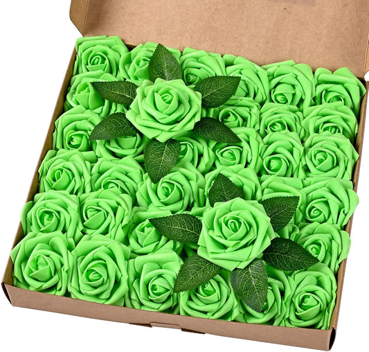 BLEUM CADE 36Pcs Artificial Flowers Fake Roses with Stems, Bright Green Boxed Foam Roses for DIY Bouquets Centerpieces Wedding Party Arrangement Bridal Shower Decor