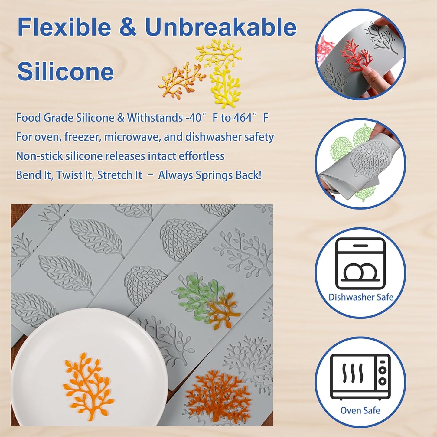 7Pcs Leaf Silicone Fondant Molds with Dough Scraper Silicone Spatula, 3D Coral Branch Leaf Chocolate Molds, DIY Baking, Sugar Craft, Wax, Gum Paste, Cupcakes, Clay