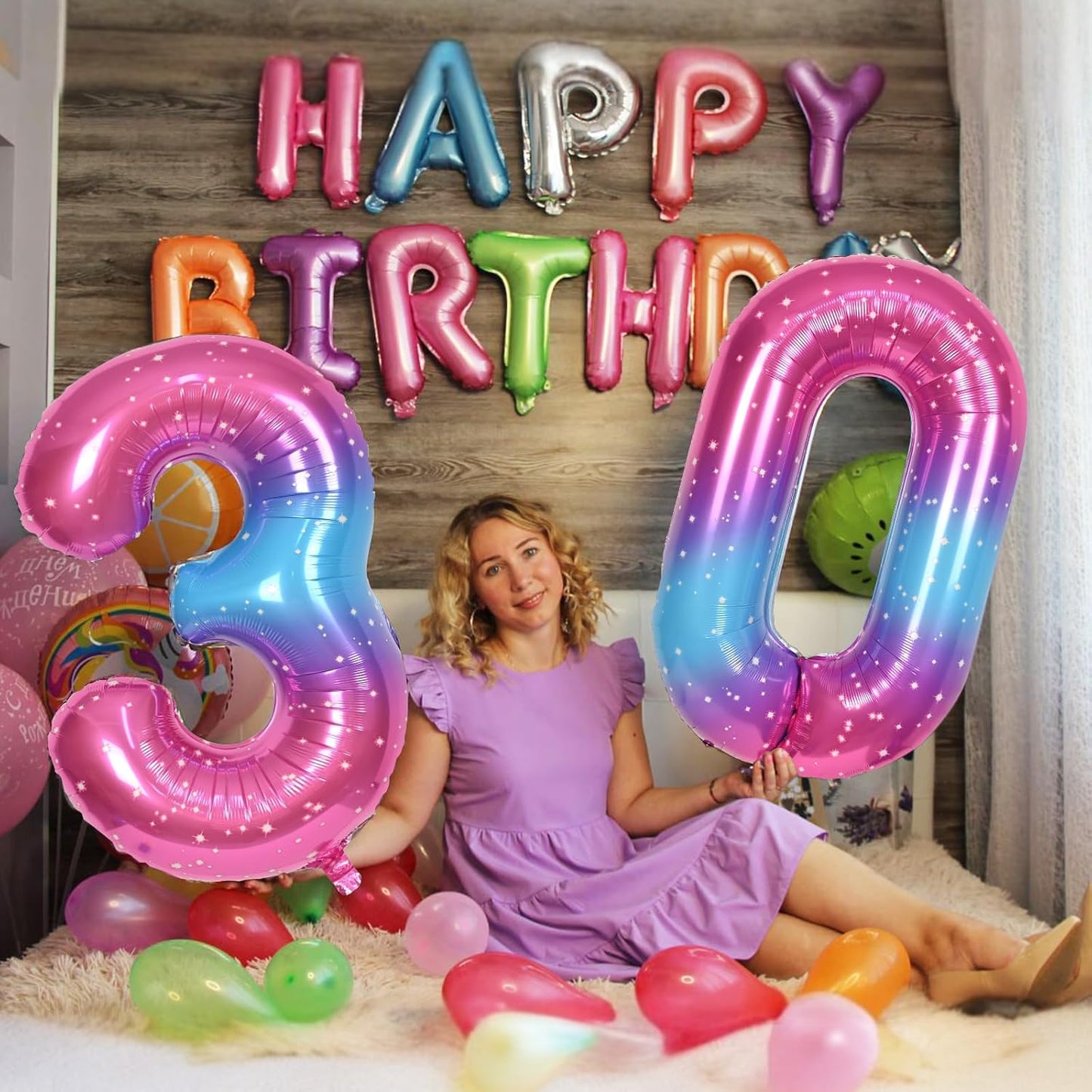 40 In Rianbow Large Numbers Balloons 0-9, Self Inflating Gradient Blue Pink Foil Number 0 Helium Balloons for Girls, Starry Digit 0 Balloons for Women Birthday Party Anniversary Supplies Decorations