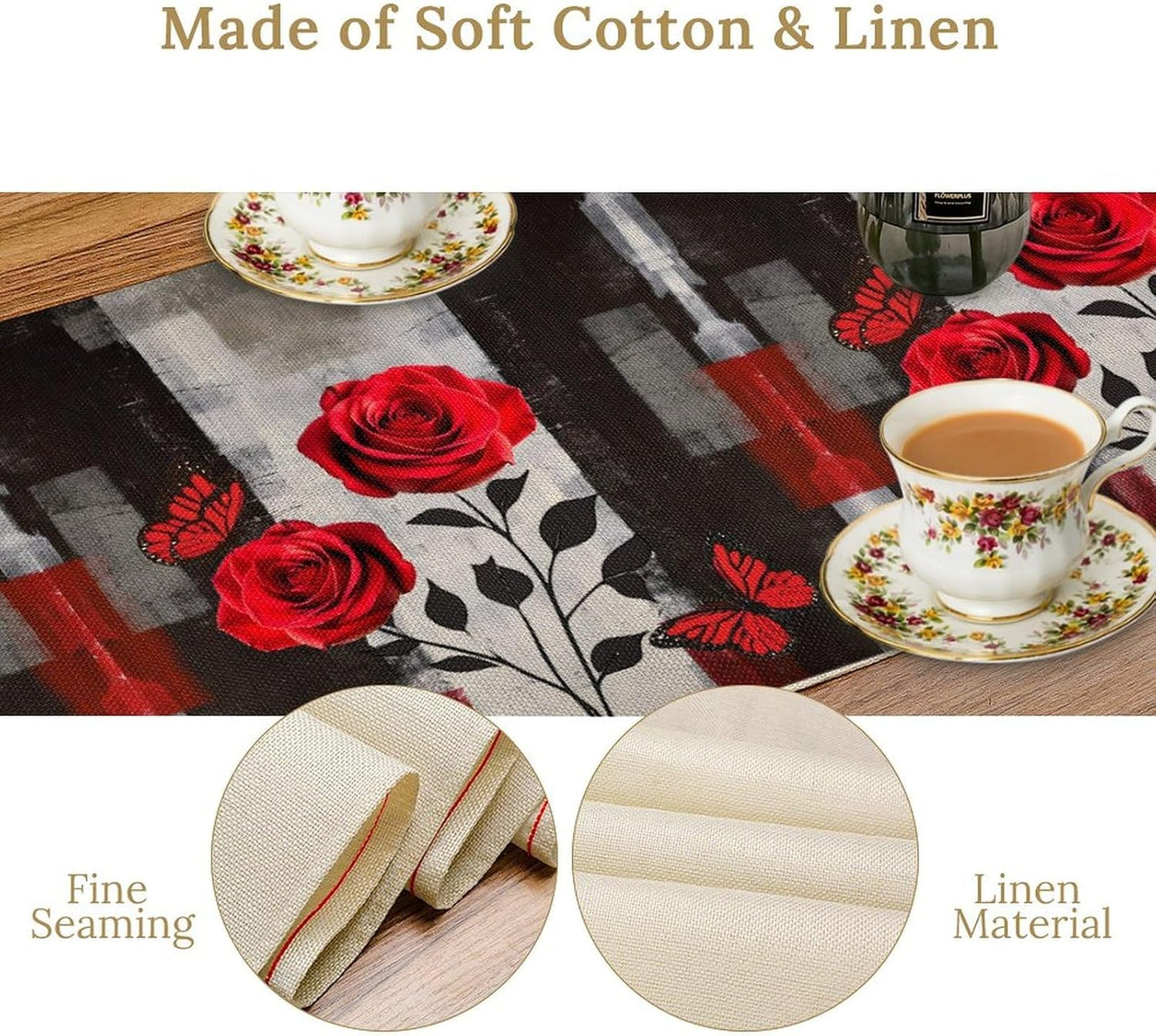 Abstract Art Rose Table Runner, Red Roses Floral Butterfly Black Red Grey Ink Background Pattern Kitchen Dinning Table Runner for Indoor Outdoor Home Wedding Party Holiday, 13x60 Inch