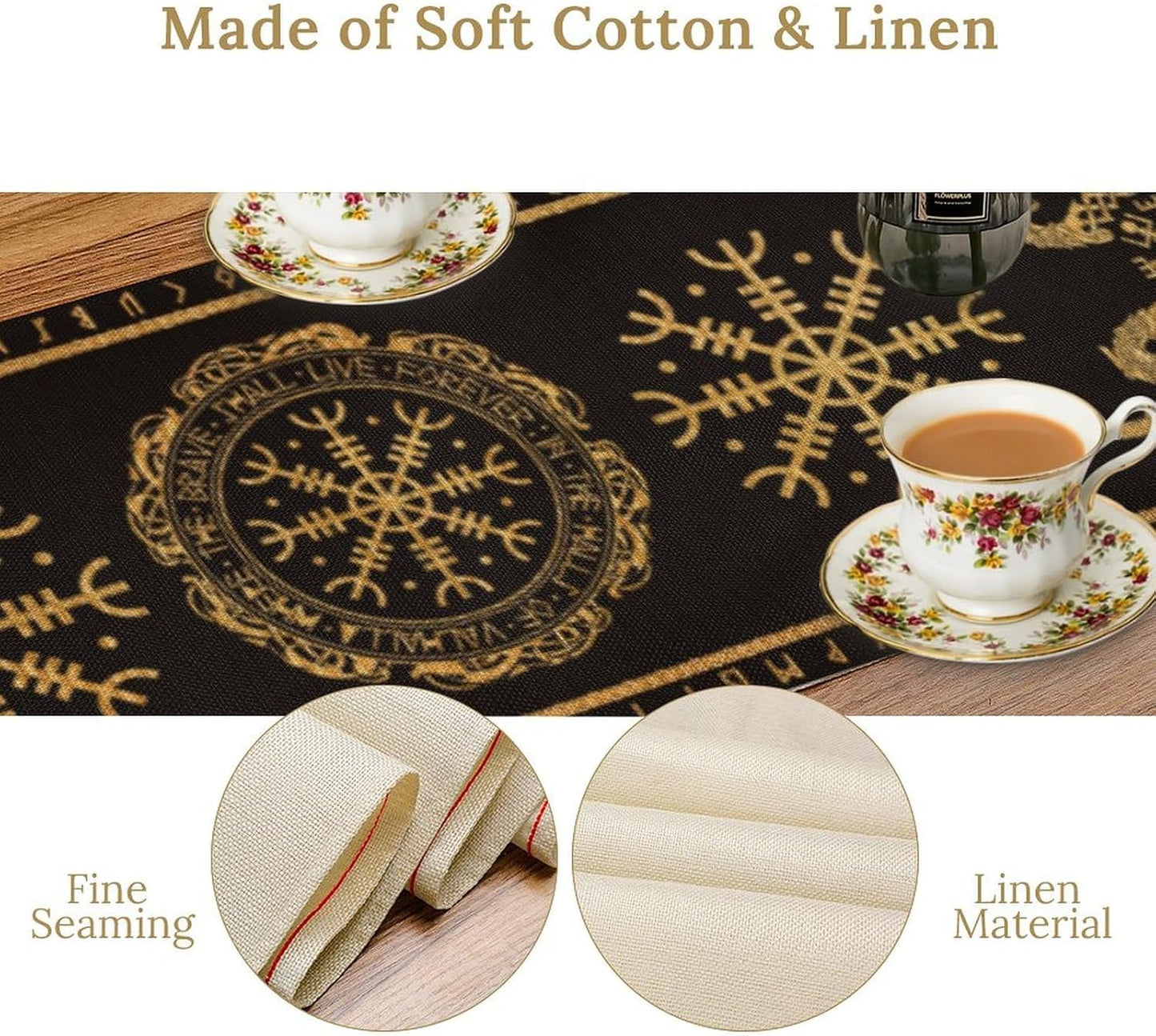 Viking Tree of Life Abstract Table Runner for Living Room Home Party Coffee Dining Party Wedding Golden Black Celtic Style Geometric Dragon Boat Rudder Ancient Script Table Runner 13x36 Inch