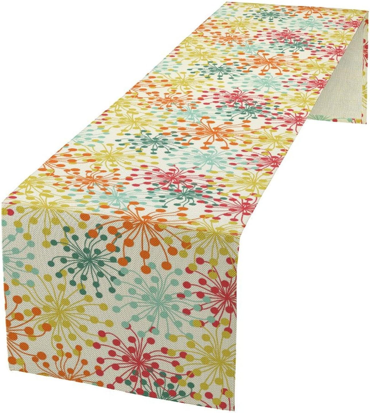 Mid Century Flower Table Runner, Colorful Geometric Abstract Chrysanthemum Vintage Farmhouse Decorations Orange Yellow Gray Table Runner for Kitchen Dining Holiday Party Decor, 13x108 Inch