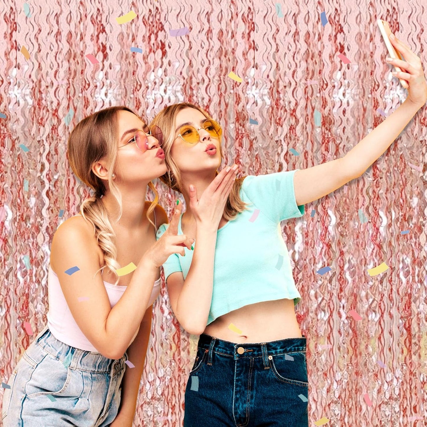 4 Pack Rose Gold Wave Foil Fringe Curtain Backdrop, 3.28Ft x 8.2Ft Metallic Tinsel Foil Fringe Streamer Curtains for Photo Booth, Mother's Day, Easter, Birthday, Wedding Party Decoration