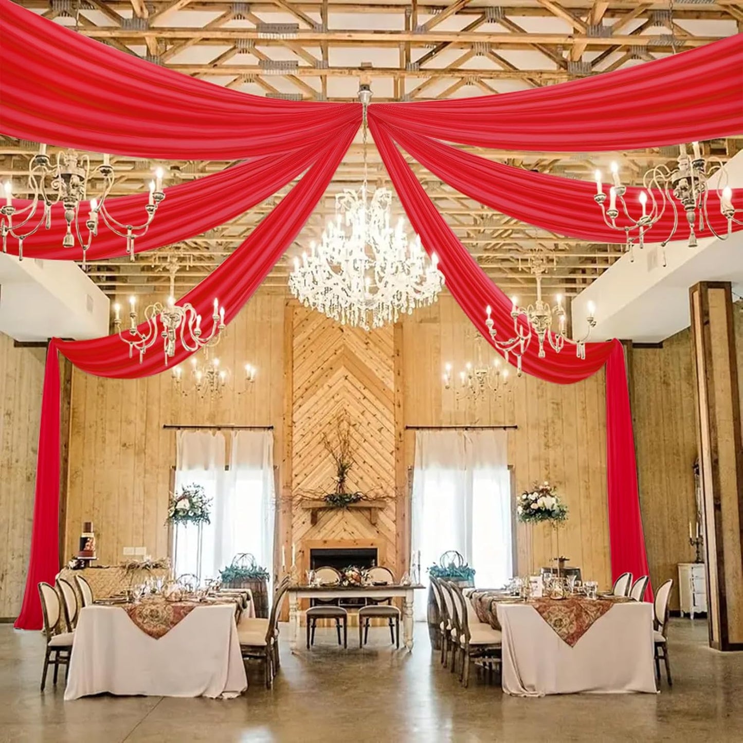 DUOBAO Ceiling Drapes 5FTx10FT Red Backdrop Curtains for Tent Drape Elegant Events Dark Red Wedding Arch Draping Fabric Sheer Chiffon Curtain for Banquet Room Graduation Prom, 6 Panels 5×10ft