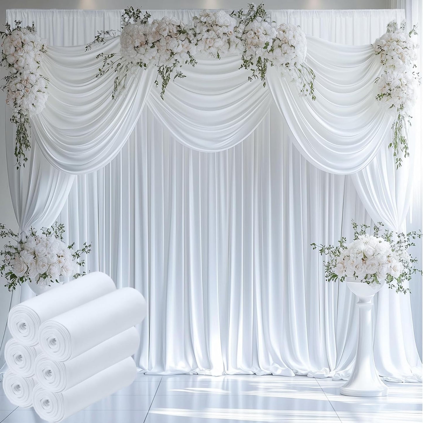 30ftx15ft Wrinkle Free White Backdrop Curtain, 6 Panels 15FT Height White Wedding Backdrop Drapes, Silky Polyester Back Drop Cloth for Birthday Photography Background Party Backdrop Draping