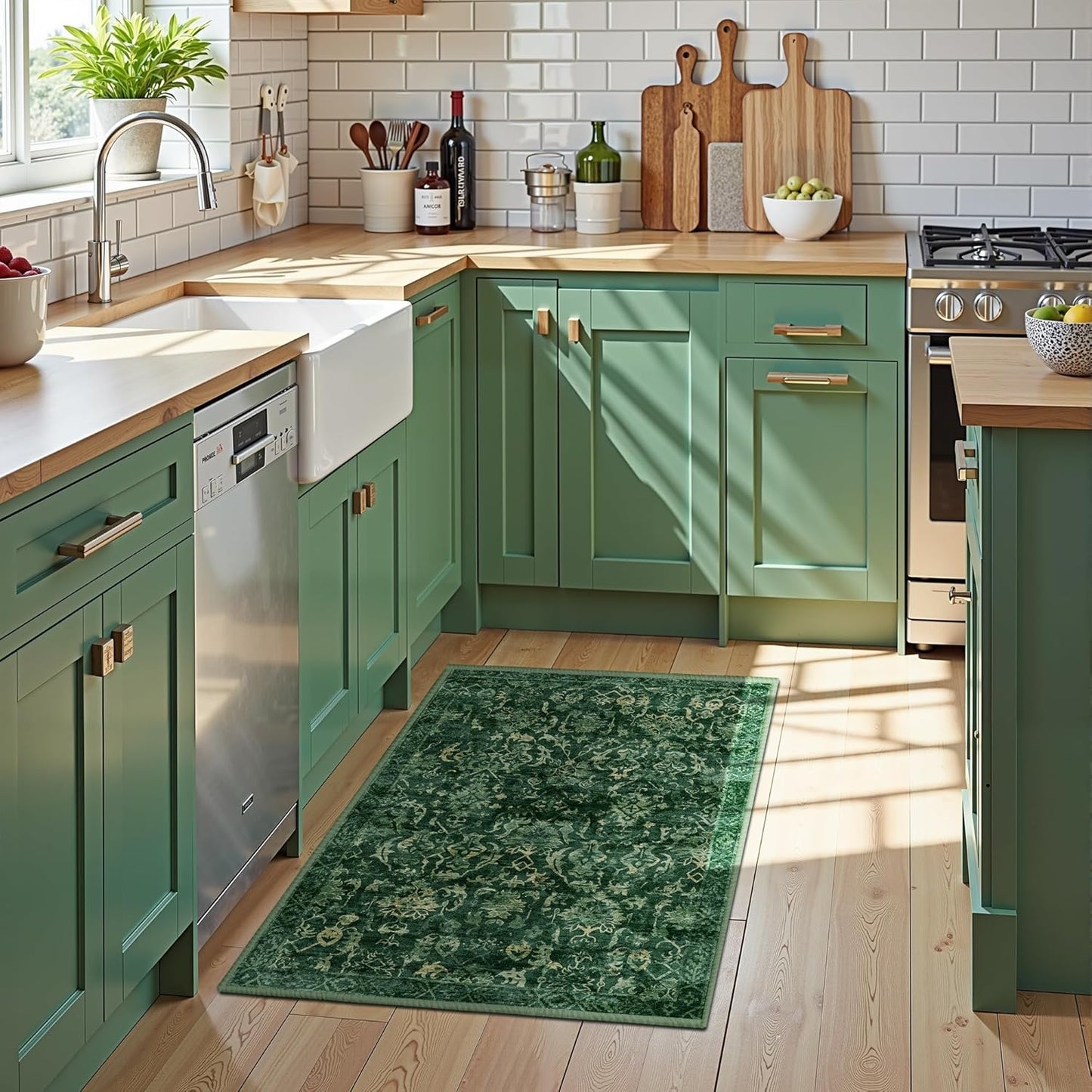 Dark Green Area Rug 2x3 Entryway Rug for Bedroom Bathroom, Non-Slip Low-Pile Washable Distressed Boho Carpet Retro Accent Doormat for Laundry Room Hallway Kitchen 24x36 Inch