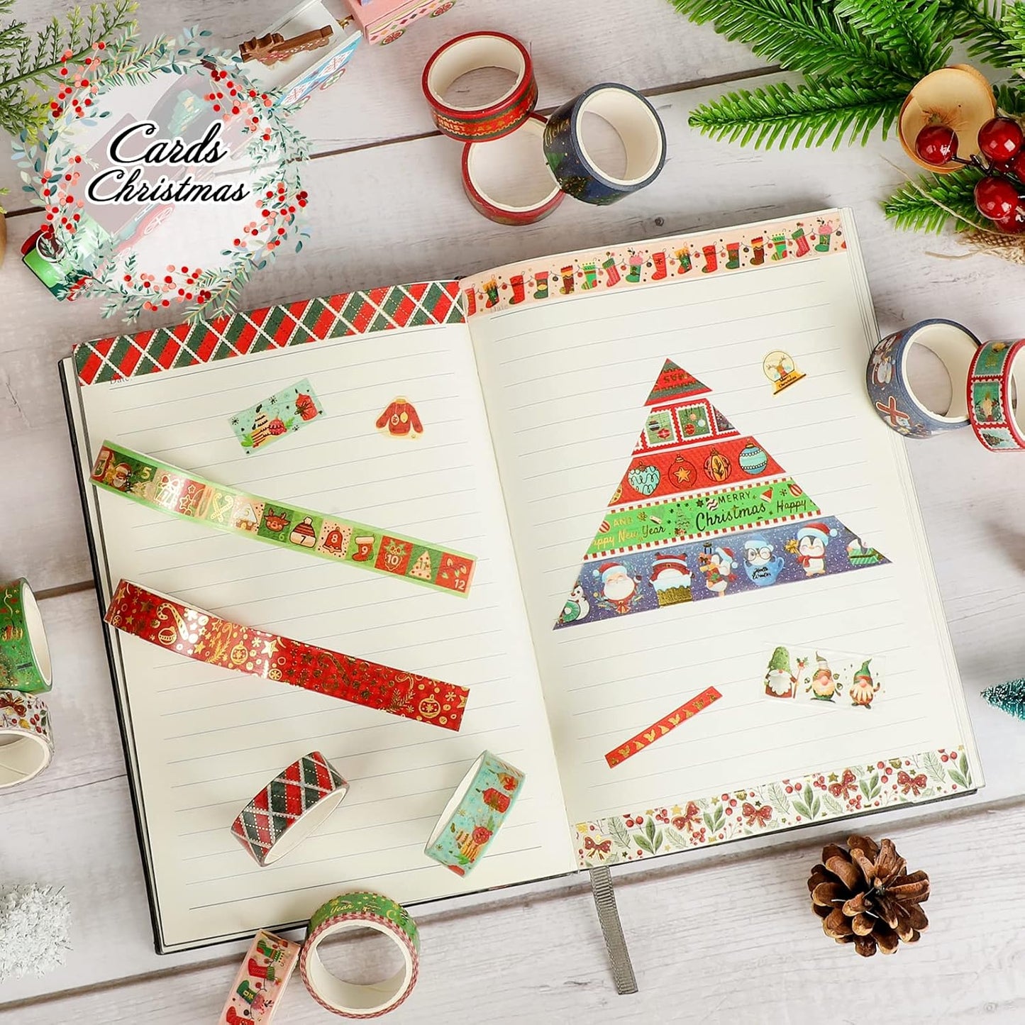 16 Rolls Christmas Washi Tape Holiday Masking Tape 4 Sizes Red Green Christmas Wrapping Tape Glod Foil Decorative Tape for Christmas Scrapbook Journal DIY Craft Gift Wrapping（Christmas