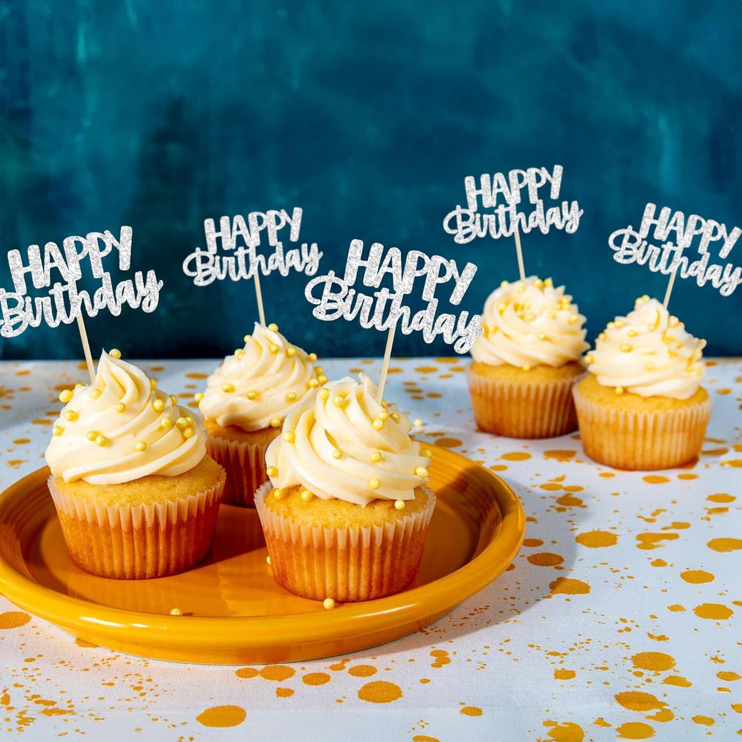 Gyufise 24Pcs Happy Birthday Cupcake Toppers Silver Glitter Birthday Cake Decorations Picks for Celebrating Birthday Party Decorations Supplies