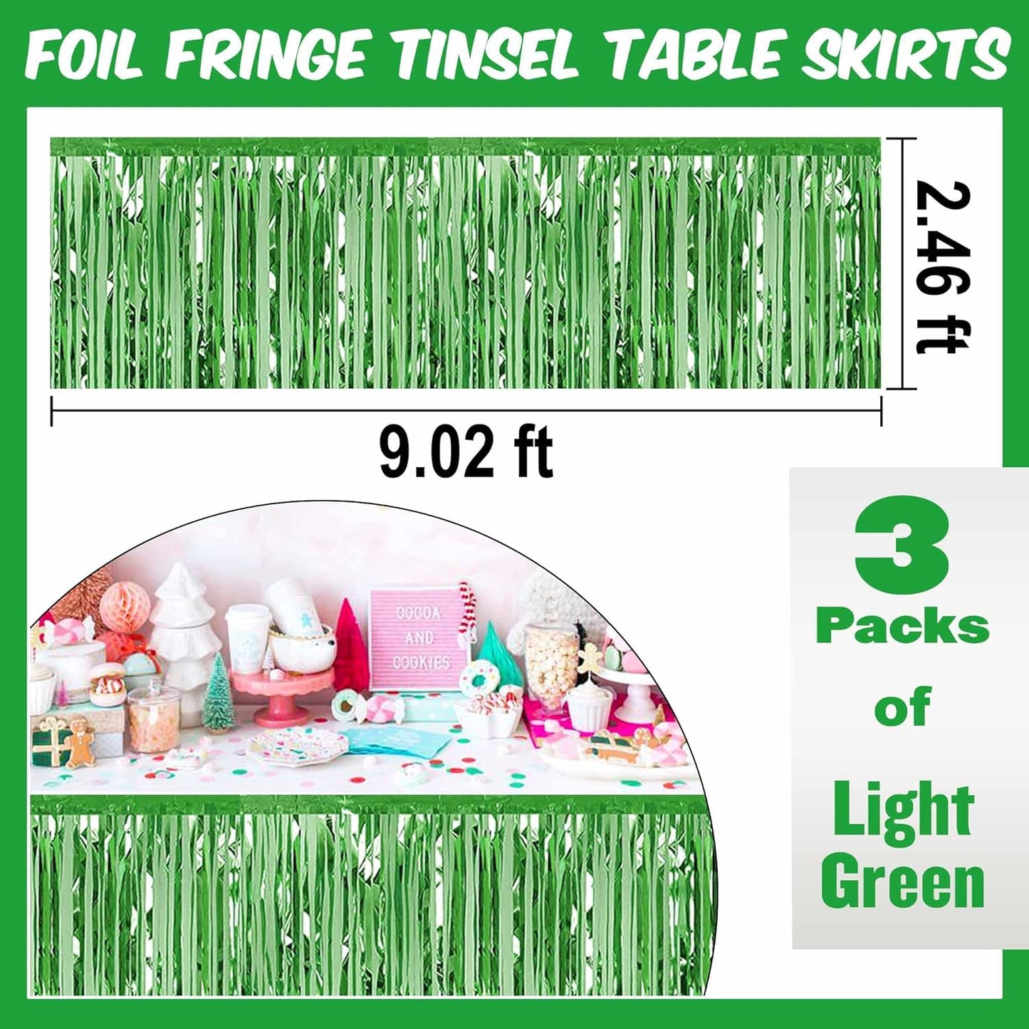 3 Pack 29 x108 Inch Light Green Foil Fringe Table Skirts Metallic Banner for Tinsel Streamer Garland Backdrop for Parade Floats Mother's Day, Graduate, Birthday, Wedding Party Decoration
