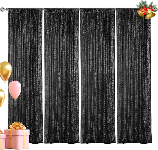 Hahuho Black Sequin Backdrop Curtain, 4PCS 2FTx8FT Glitter Backdrop Curtain for Parties, Christmas, Wedding, Party Decoration（4 Panels, 2FT x 8FT, Black