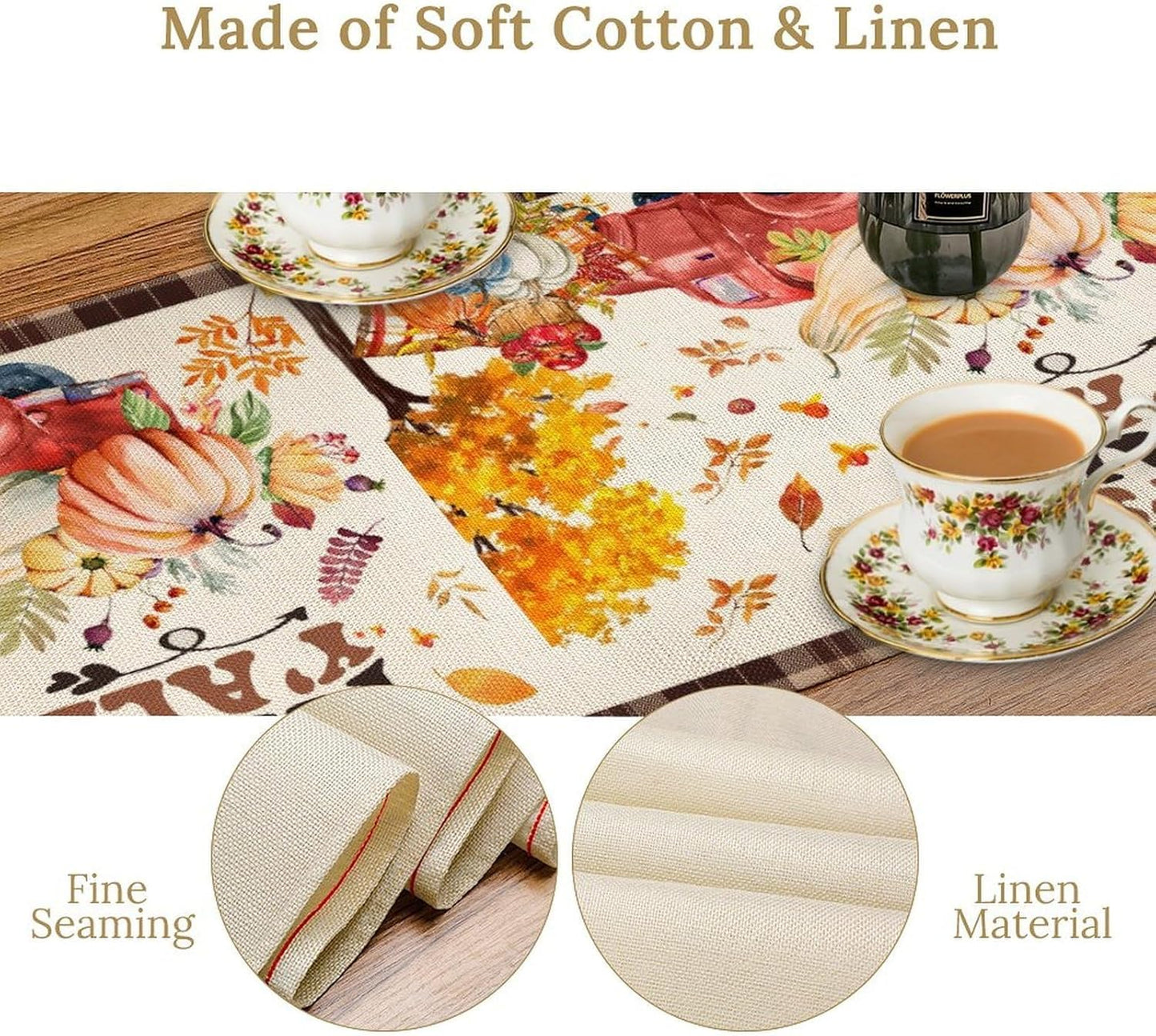 Fall Pumpkin Table Runner,Rustic Maple Yellow Leaf Trees Truncks Brown Plaid Tablecloth Burlap for Hotel Indoors Outdoor Dining Room Kitchen Home Decor,W13X L60 in