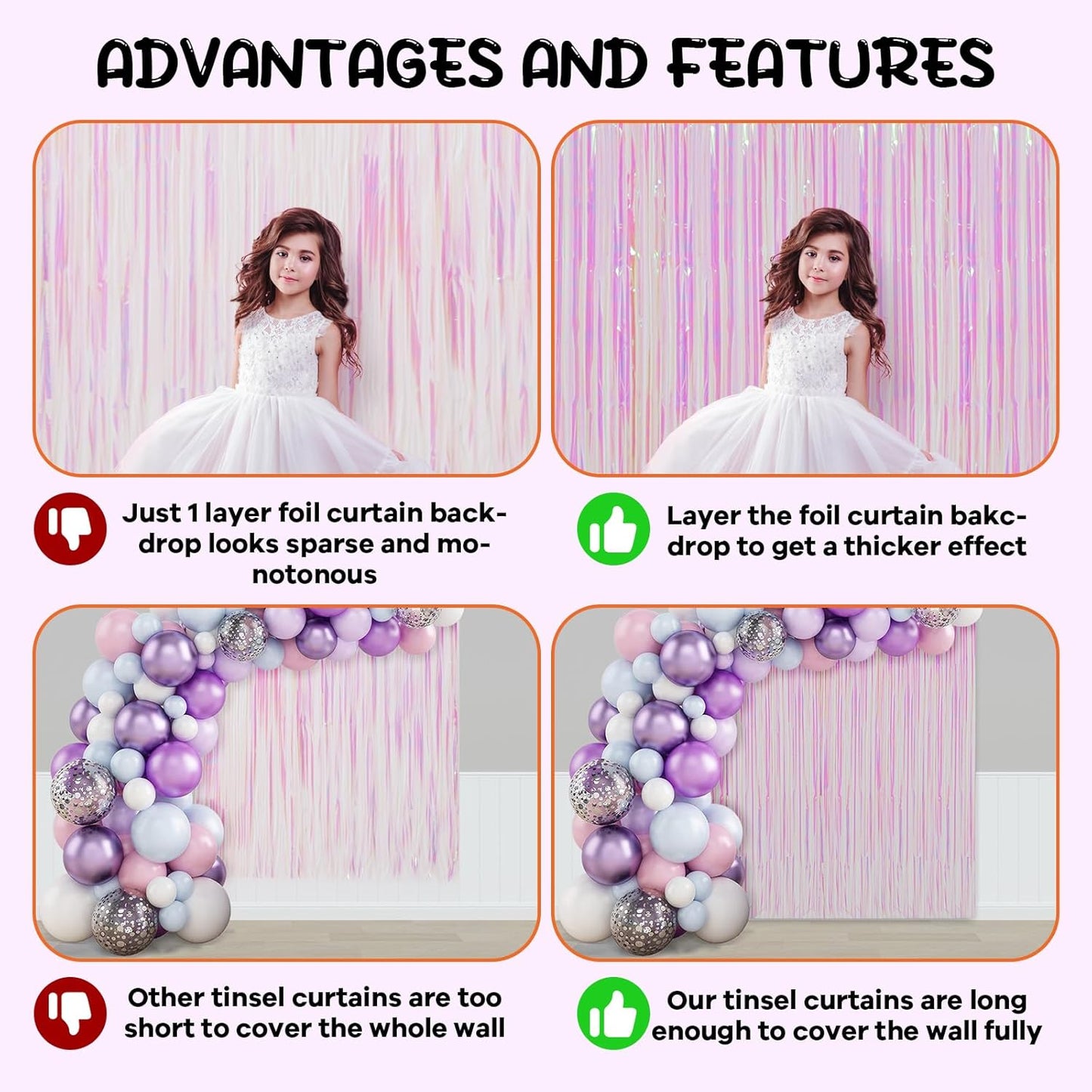 2 Pack Iridescent Transparent Foil Fringe Backdrop Curtains, Tinsel Streamers Birthday Party Decorations, Fringe Backdrop for Graduation, Baby Shower, Gender Reveal, Disco Party