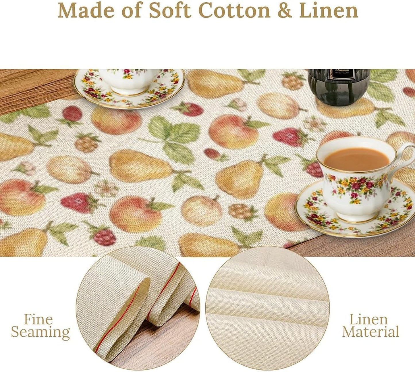 Vintage Spring Summer Fruit Table Runner Watercolor Pear Strawberry Leaves Dinner Runner for Farmhouse Party Holiday Home Kitchen Dining Table Decor 13x60