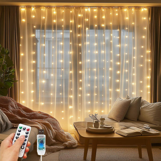2 Pack Fairy Curtain Lights, 200 LED Upgraded Tangle-Free Hanging Lights with Remote, USB Plug in String Lights for Wall Window Wedding Party Xmas Home Décor - 6.6 x 6.6 Ft, Warm White