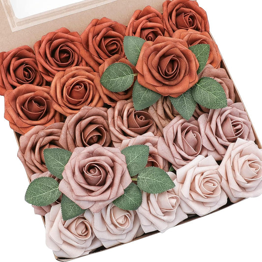 Floroom Artificial Flowers 25pcs Real Looking Burnt Orange Ombre Colors Foam Fake Roses with Stems for DIY Wedding Bouquets Bridal Shower Floral Centerpieces Party Tables Home Decorations