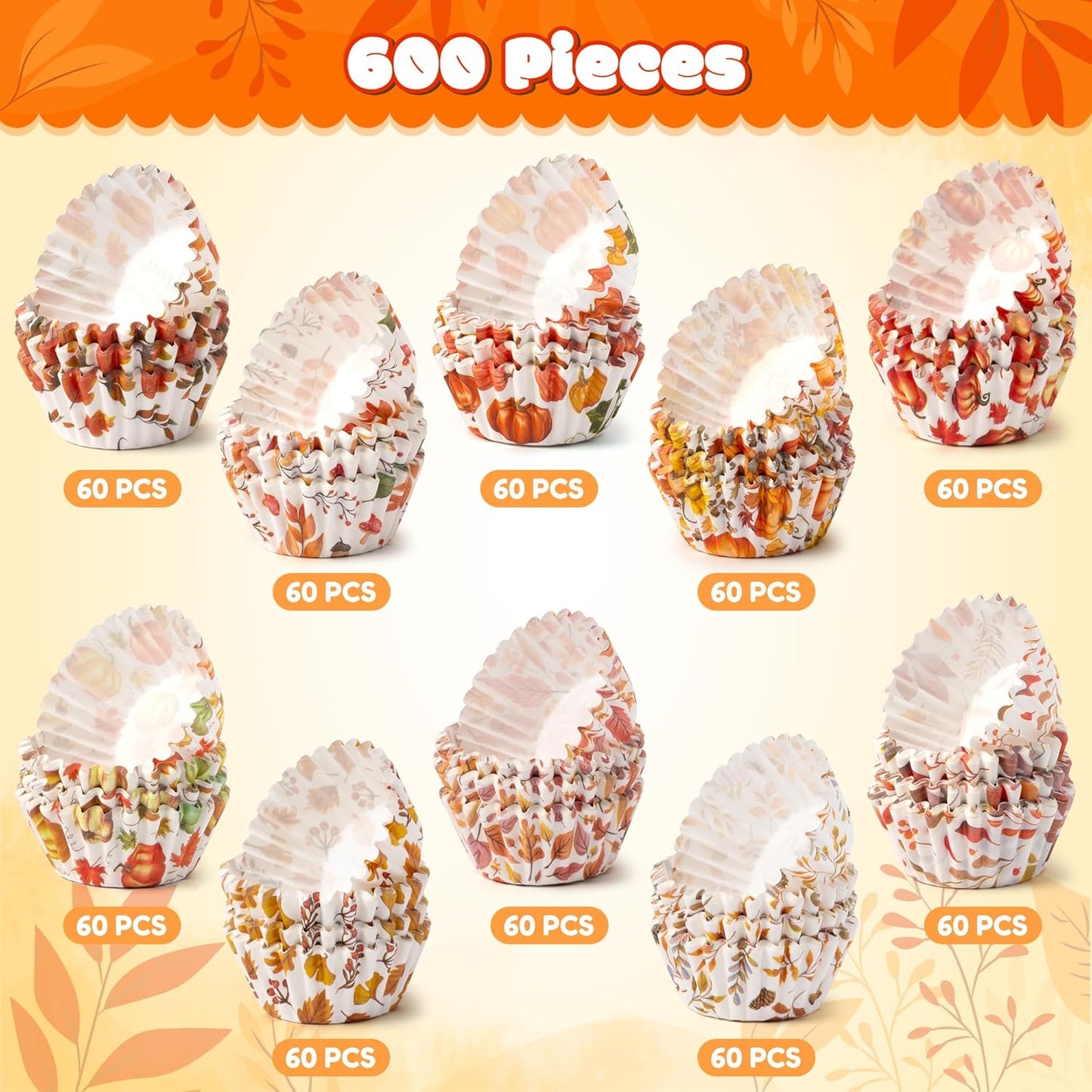COcnny Fall Mini Cupcake Liners - 600pcs Autumn Watercolor Muffin Paper Cupcakes Baking Cups Wrappers, Pumpkin Maple Leaf Case Cake Wrap Making Supplies for Fall Thanksgiving Party (10 Styles)