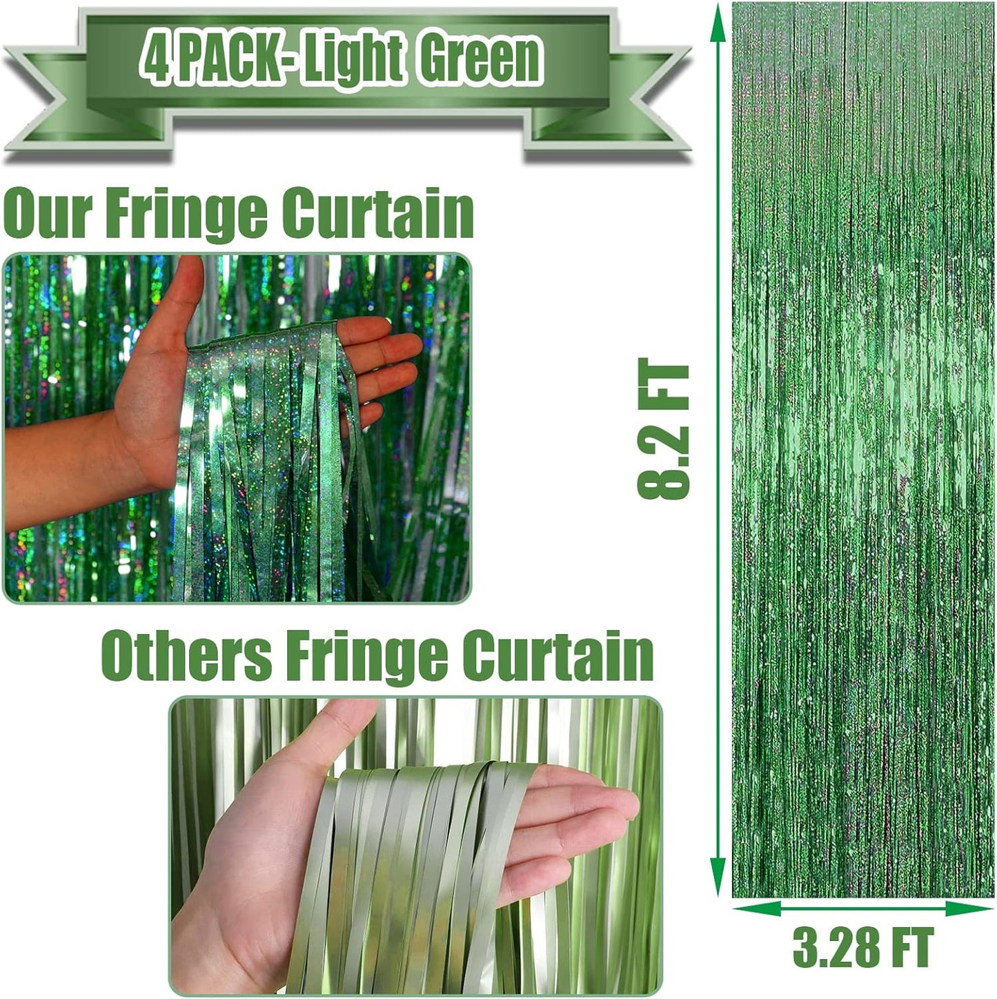 4 Pack Light Green Tinsel Foil Fringe Curtain Backdrop, 3.28Ft x 8.2Ft Metallic Streamers for Photo Booth Props Wedding Bridal Shower Bachelorette Birthday Halloween Christmas Party Decoration