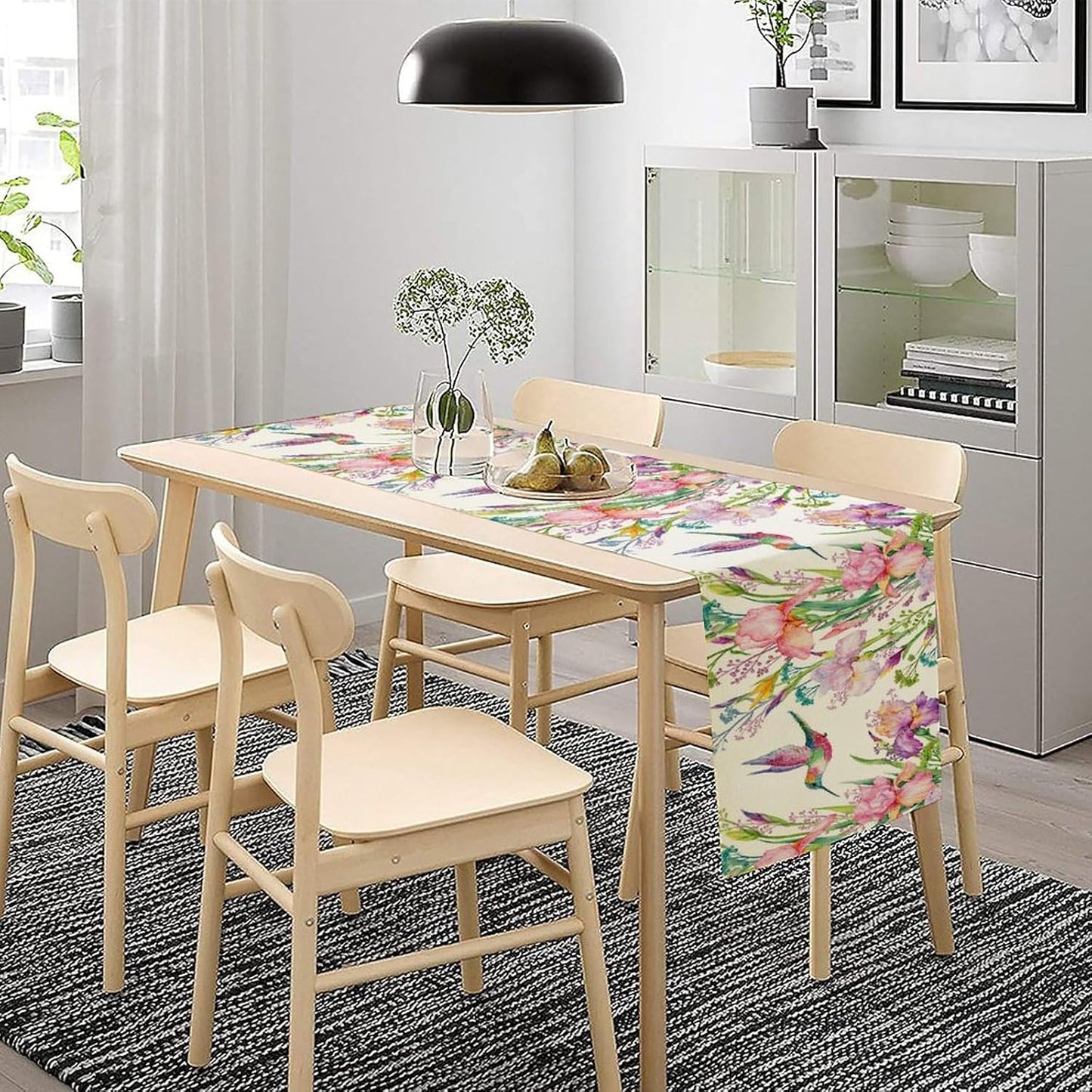 Hummingbird Table Runner,Pink Floral Country Style Table Runner for Kitchen Dining Table Home Party Decoration 13x90 Inch