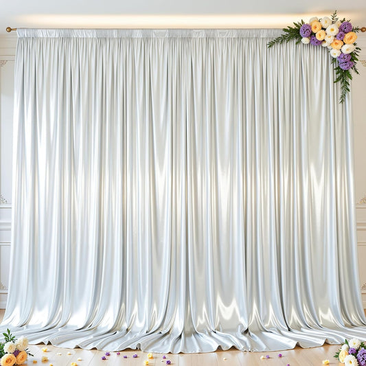 Silver Glitter Backdrop Curtain for Parties Wedding,10Ft x 10Ft Satin Shimmer Photo Backdrop,Non-Wrinkle Sparkle Drapes for Backdrop,Back Drop for Photography, Birthdays,Weddings,Prom