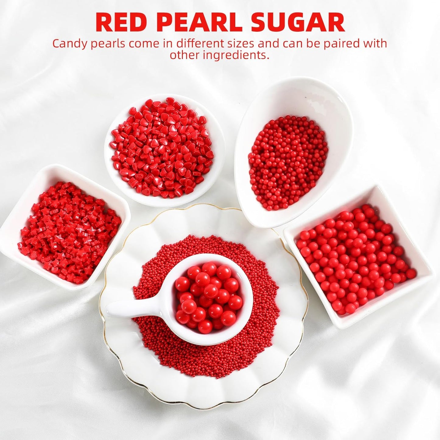 Kasvan Red Pearl Sprinkles, 6 Sizes Mix for Cake Decorating, 230g/8.1oz, Baking Cake Decorations, Ice Cream Toppings and Cookie Decorating, Wedding Party Chirstmas Supplies (Red)