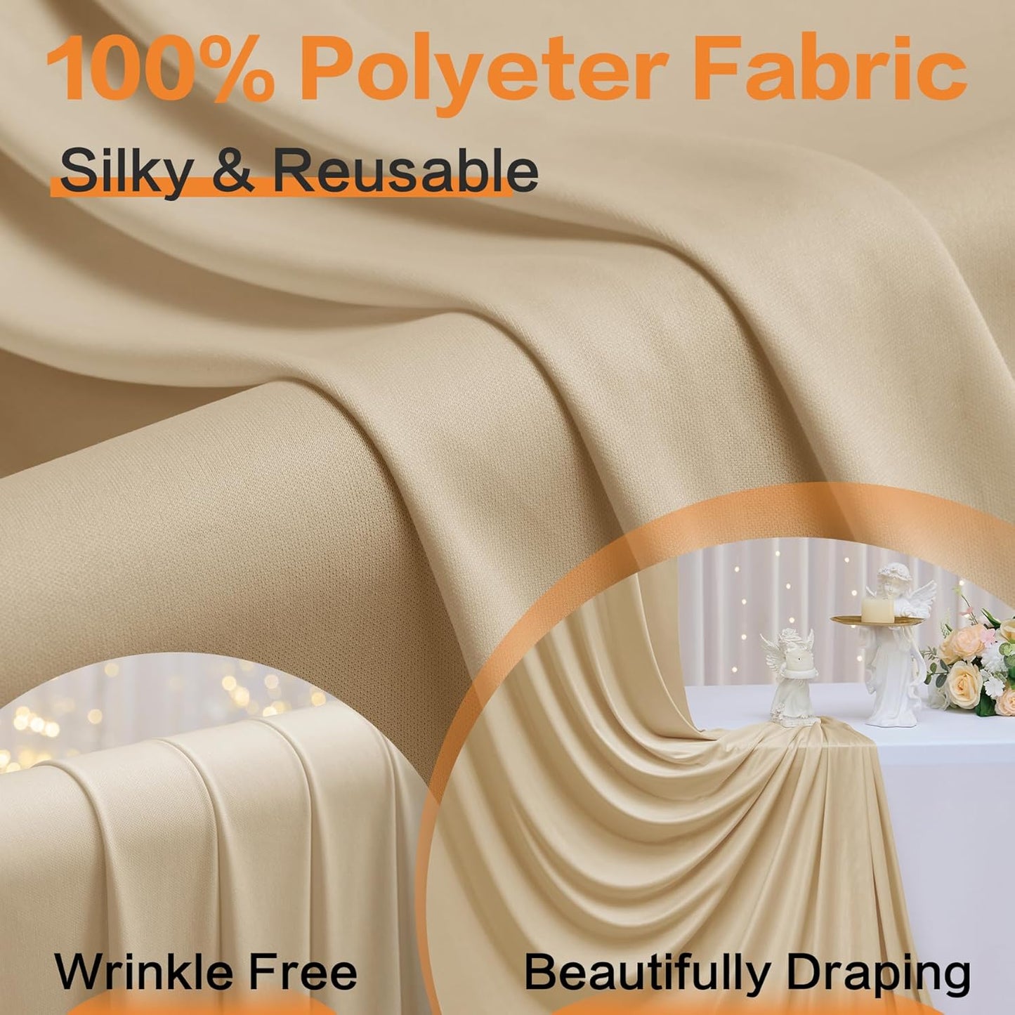 30×12 ft Wrinkle Free Beige Backdrop Curtain for Weddings Parties, 2 Panels 12ft Silky Polyester Wedding Drapes Backdrop Photo Back Drop Cloth for Birthday Baby Shower Photography Backgrounds