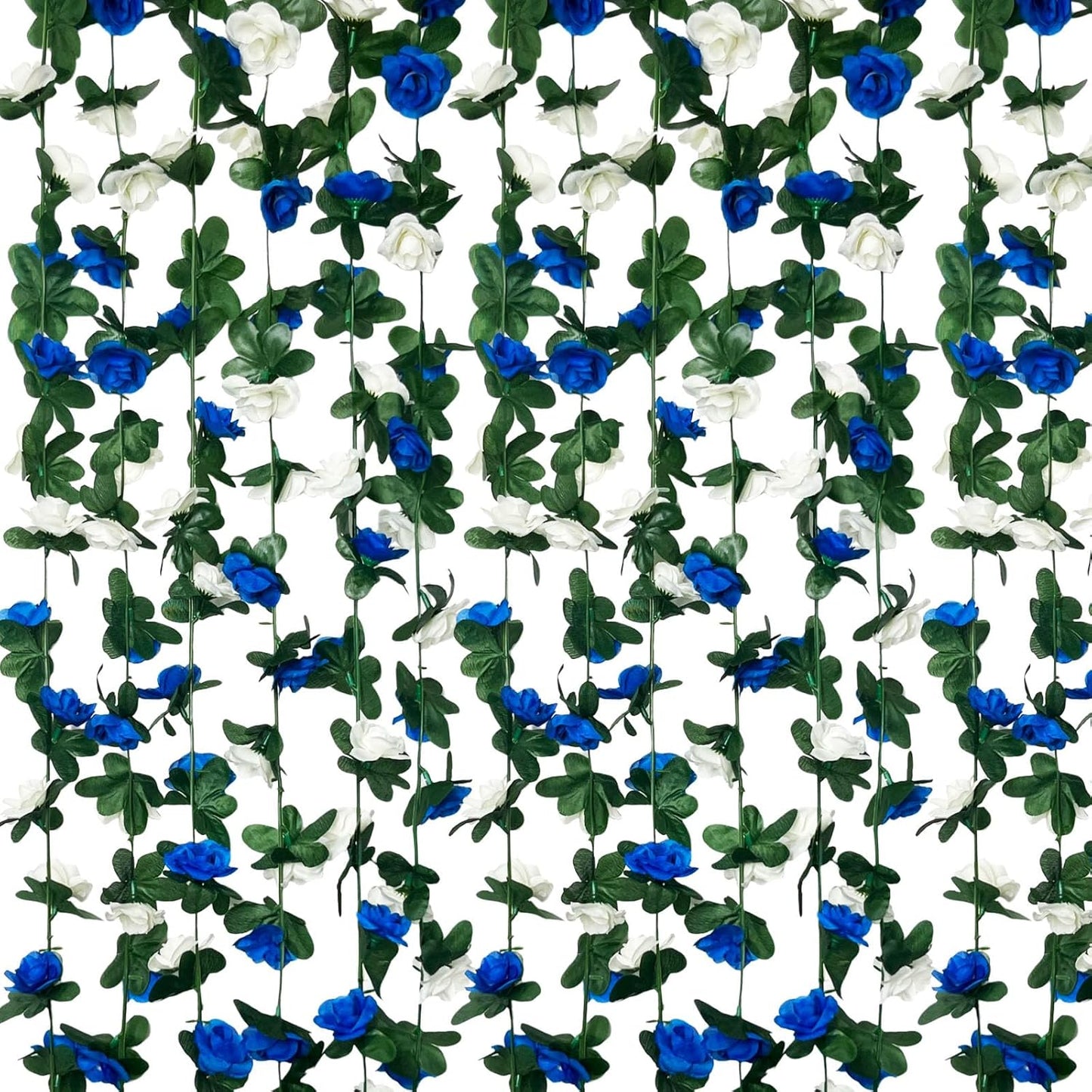 16Pcs 126Ft Royal Blue&White Rose Garland, Fake Rose Hanging Flowers, Artificial Flower Vine, Hanging Floral Vine Garland for Wedding, Wall Arch, Halloween, Christmas Garden Backdrop Decor