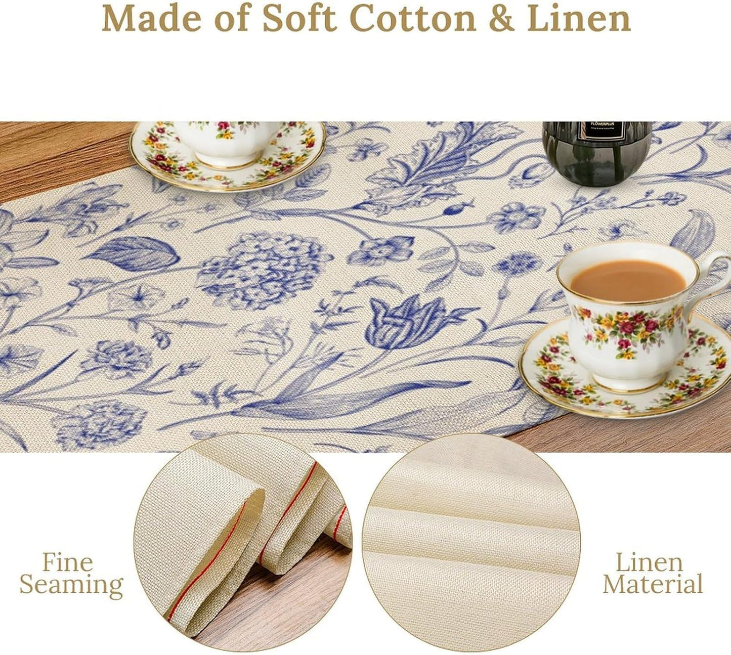 Monochrome Sketch Flowers Table Runner, Seasonal Spring Fall Plants Blue Florals Dinner Runner for Home Kitchen Dining Table Party Holiday Decoration 13"x120"