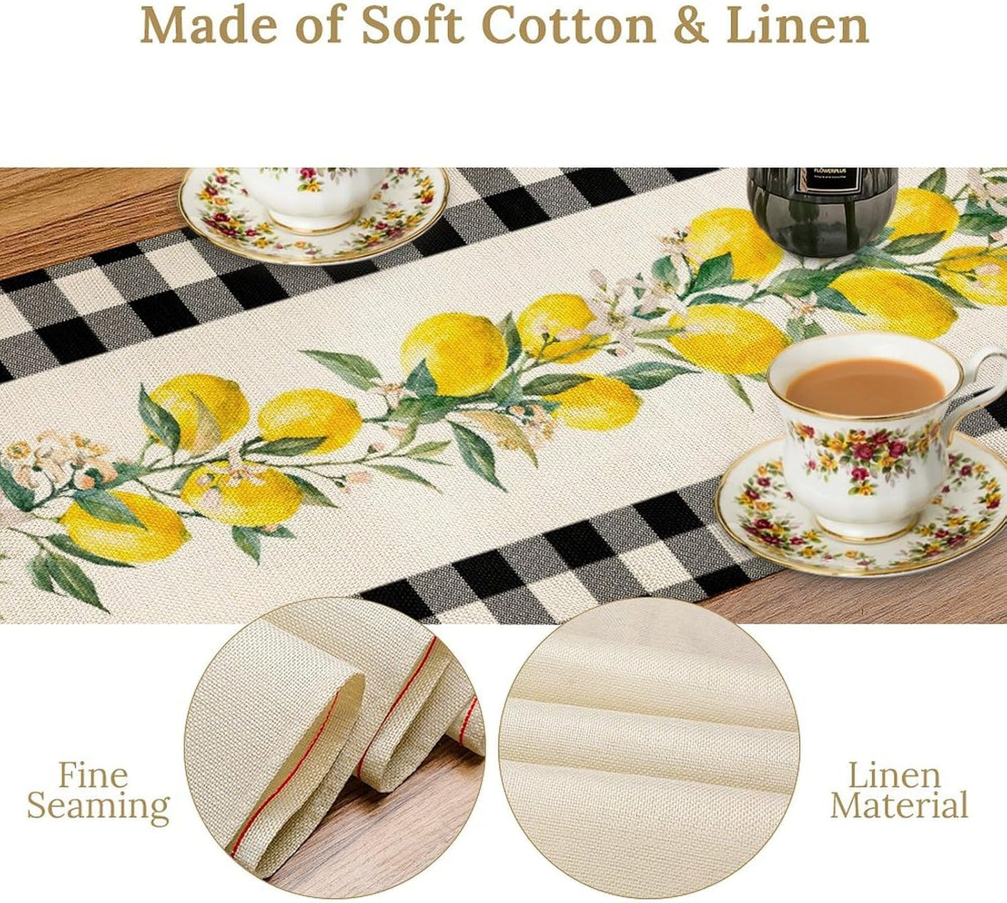 Lemon Table Runner,Black Buffalo Plaid Lemon Table Runner Farmhouse Style Spring Summer Home Kitchen Dinding Room Table Decoration 13x60 Inch