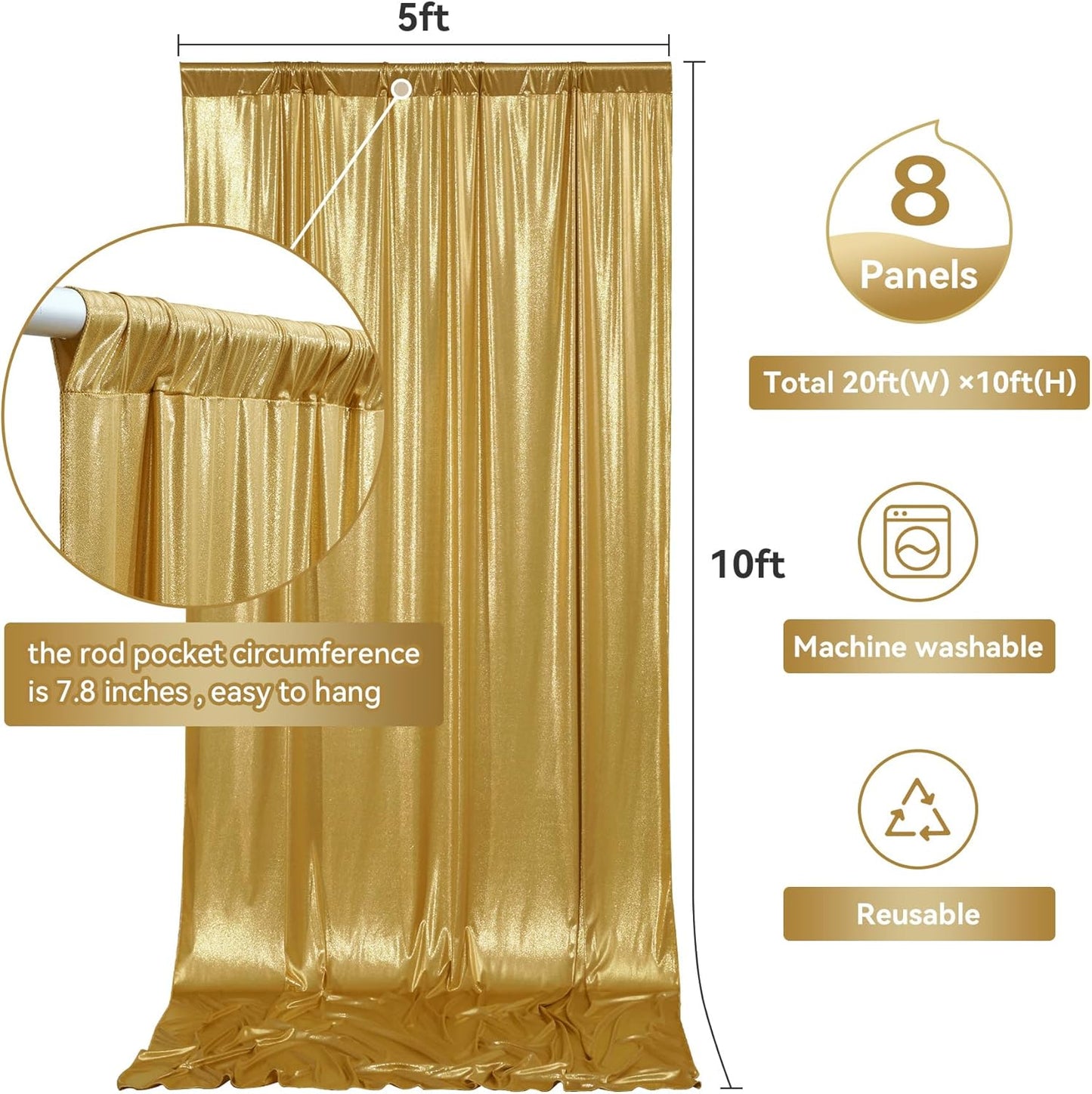 40ftx10ft Gold Sequin Backdrop Curtain Panels for Parties, Wrinkle Free Glitter Photo Backdrop Drapes 8 Panels 5x10FT Back Drop Cloth Shiny Fabric for Wedding Birthday Christmas Photography Background