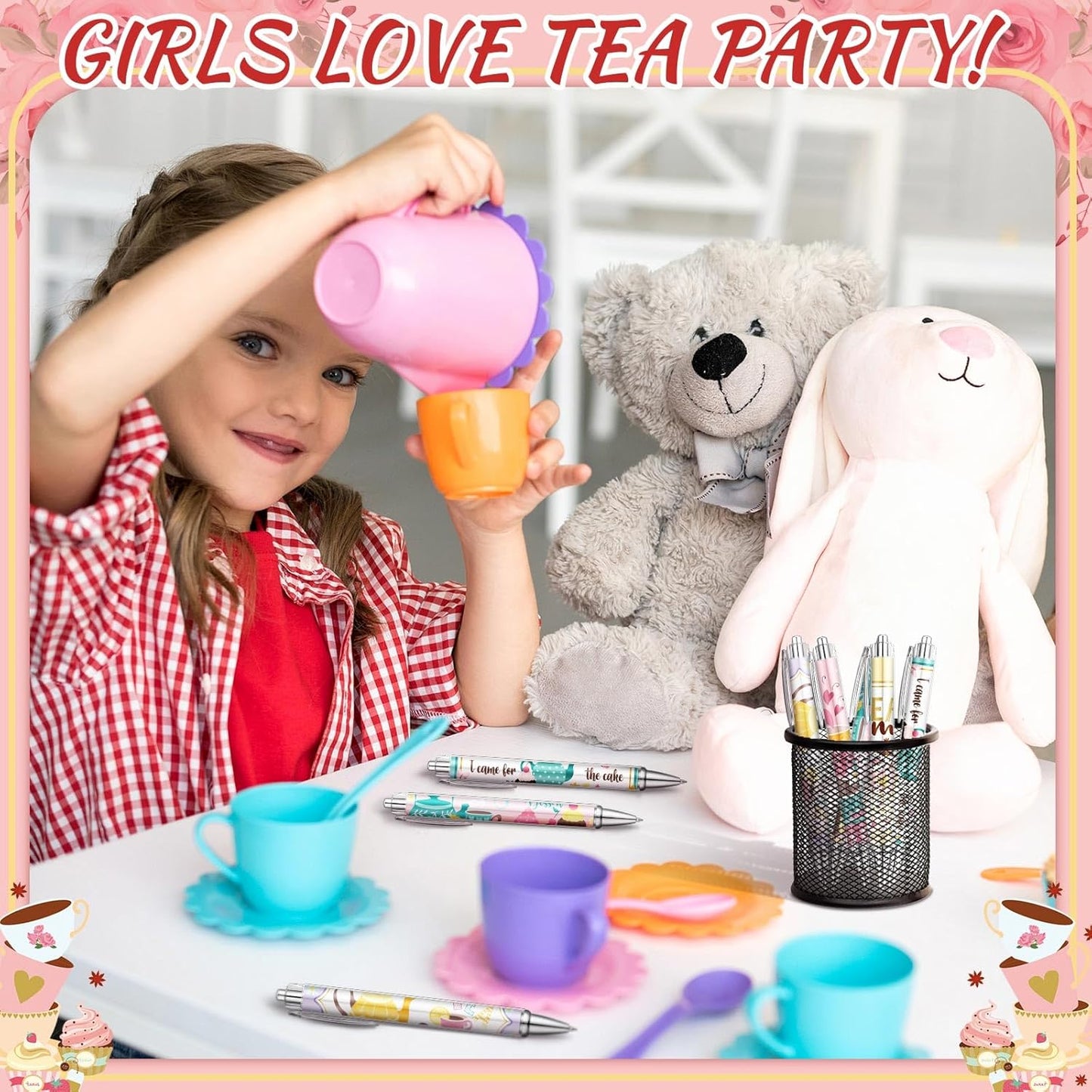 24 Pcs Tea Party Gift Pens Bulk Floral Tea Party Favors Pink Themed Party Decorations Tea Ballpoint Pen for Tea Party Birthday Party Supplies