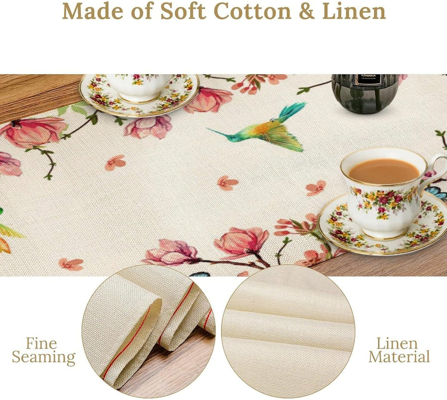 Vintage Watercolor Flower Hummingbird Table Runner Seasonal Spring Garden Plants Birds Florals Farmhouse Country Kitchen Dinner Runner Dining Table Decoration 13"x70"