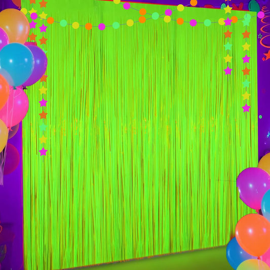 4 Packs Glow in The Dark Foil Fringe Curtain, Macaron Yellow Blacklight Reactive Fluorescent Tinsel Backdrop Neon Luminous Streamers for Birthday, Wedding, Neon Party, Glow Party Decorations Supplies