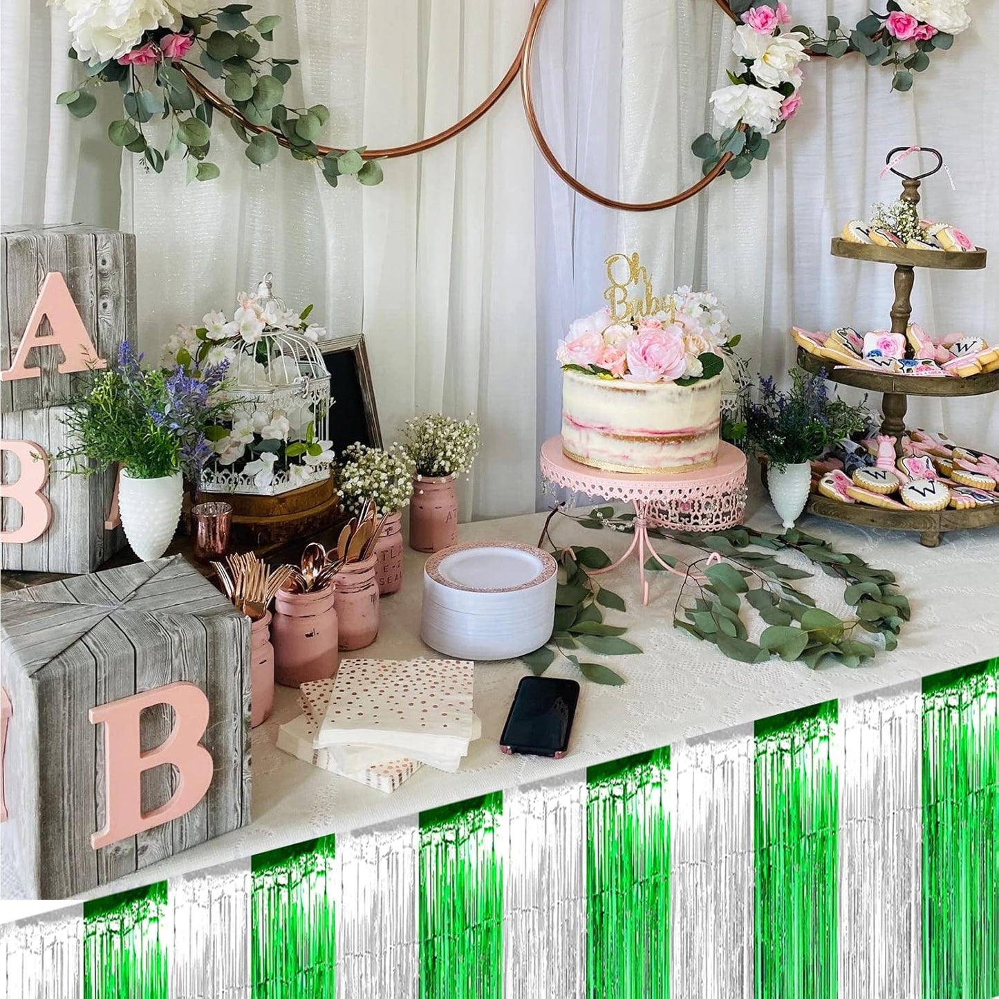 6 Pack 29x108 Inch Silver Green Metallic Foil Fringe Tinsel Table Skirts for Rectangle Tables Streamer Curtains Backdrop for Birthday, Parade Floats, Mardi Gras, St Patrick Day Party Decoration