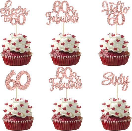 30Pcs Happy 60th Birthday Cupcake Toppers Rose Gold Glitter Sixty Cake Toppers Cheers to 60 Years Old Birthday Cupcake Picks for 60th Birthday Anniversary Party Cake Decorations Supplies