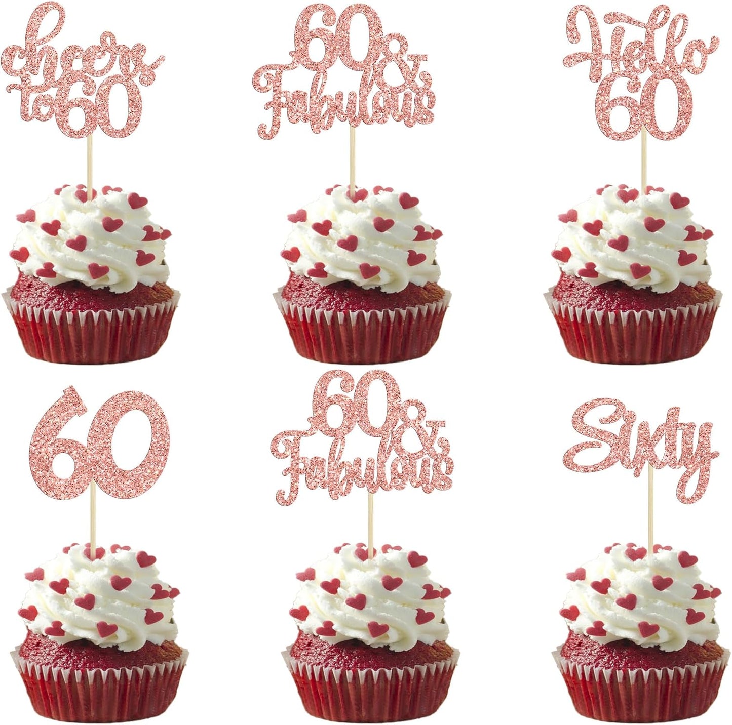 30Pcs 6th Birthday Cupcake Toppers Glitter Six Hello 6 Cupcake Picks Cheers to 6 Years Old Cake Decorations for 6th Birthday Party Supplies Rose Gold