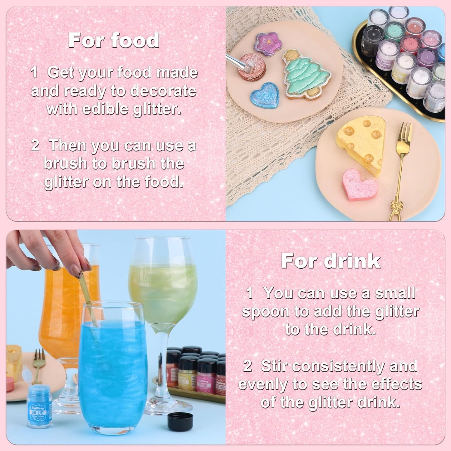 Pink Edible Glitter - 5g Food Grade Cake Decorating Shimmering Glitter, Edible Sprinkle Luster Dust for Drinks, Chocolates, Fondant, Strawberries, Cupcakes, Candy, Cookie - Vegan