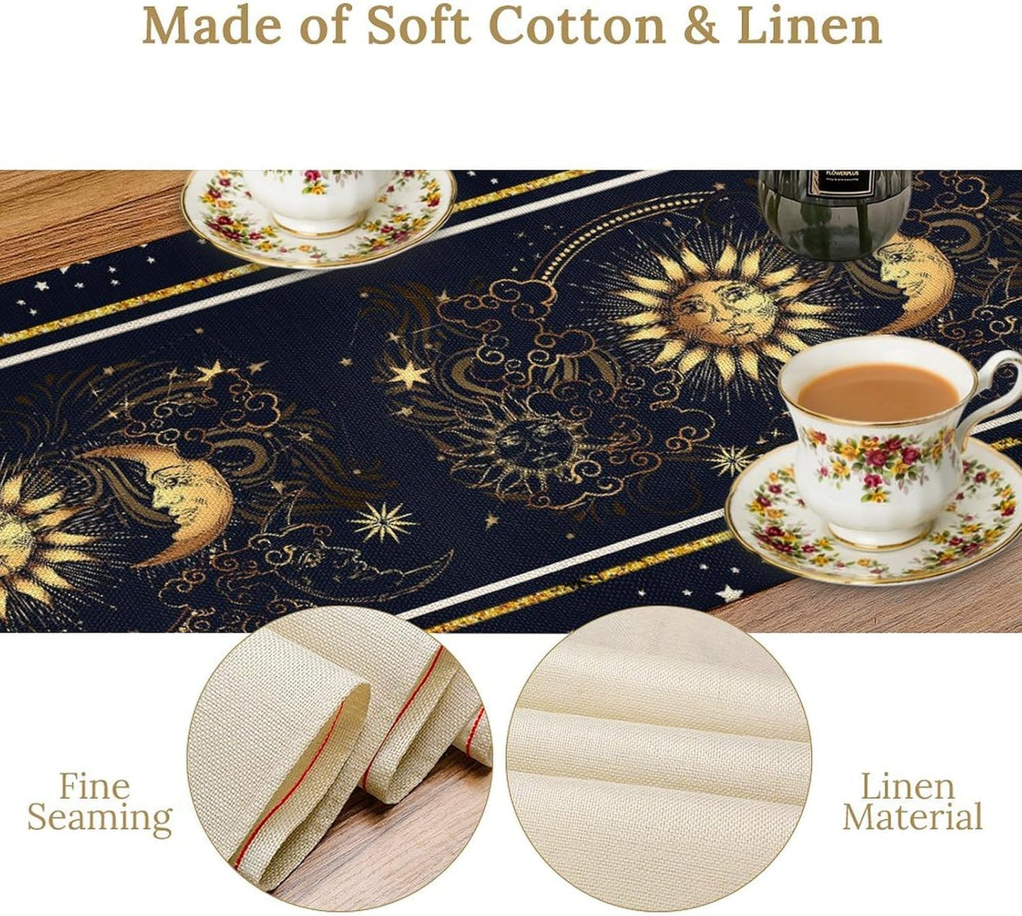 Sun Moon Table Runner, Seasonal Golden Sun Moon Holiday Kitchen Dining Table Runner for Kitchen Living Room Home Party Decor 13x60 Inch