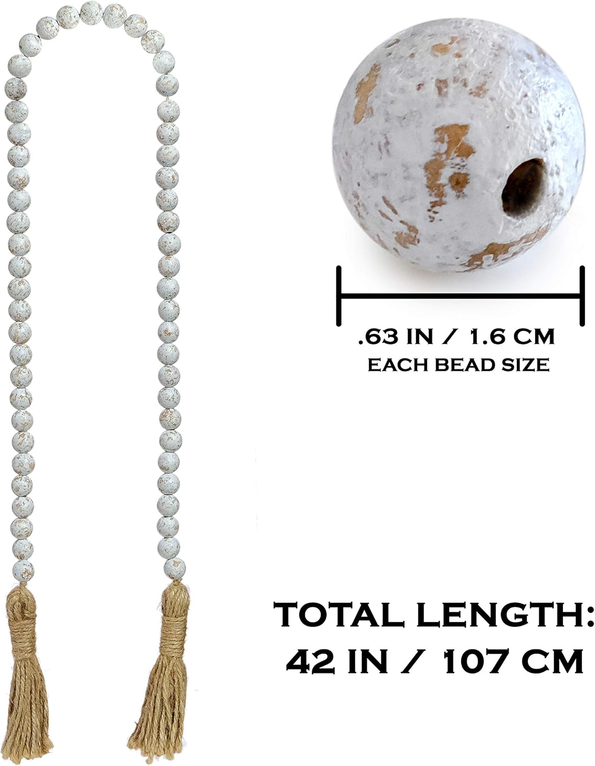 Farmhouse Wood Bead Garland Home Decor, Natural Wooden Garland for Tiered Tray, Decorative Tassel for Tier Tray, Rustic Beads Centerpiece Boho Table Decor, Beaded Accent White Washed