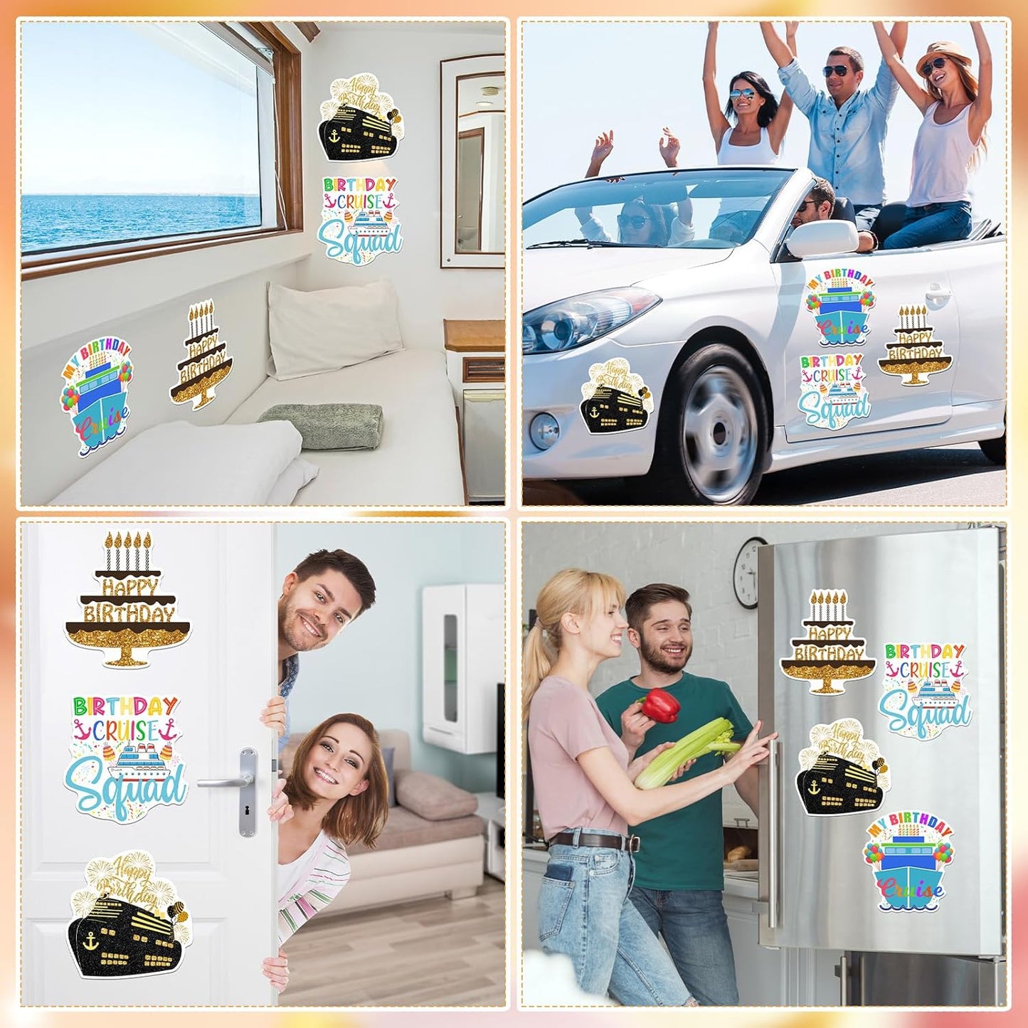 Hoteam 4 Pcs Birthday Cruise Door Decorations Magnetic Large Happy Birthday Cruise Ship Door Magnets Funny Waterproof Balloon Cake Nautical Magnets for Carnival Cabin Stateroom Fridge Car