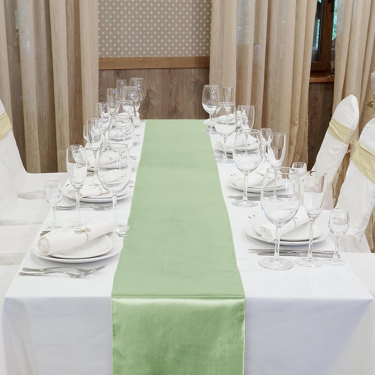 Aneco 12 Pack Satin Table Runner 12 x 108 Inch Sage Green Long Wedding Satin Silk Spring Table Runner for Wedding Banquet Graduations Birthday Party Decoration