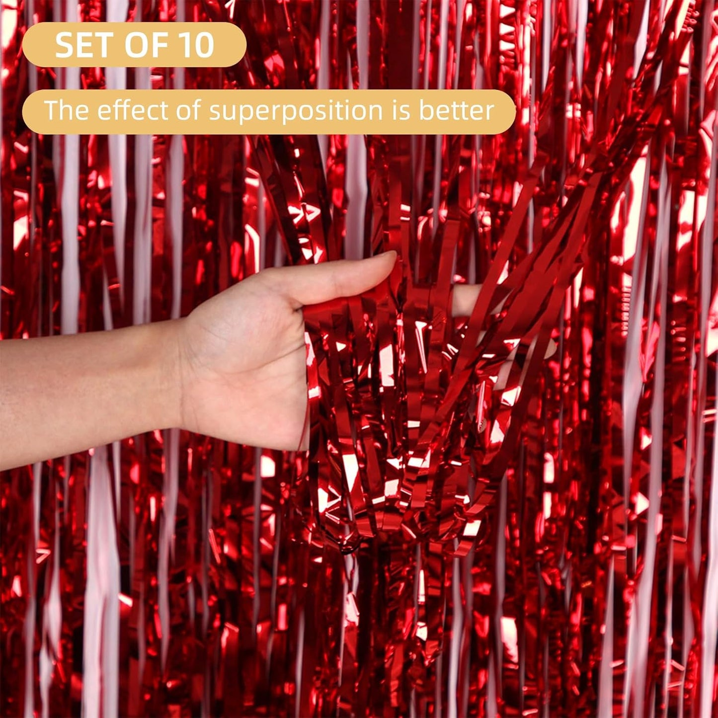 10 Pack Red Backdrop Curtain 3.2ft x 8.2ft Metallic Tinsel Foil Fringe Curtains Photo Booth Background for Birthday Party Decoration Baby Shower Engagement Wedding Christmas Decoration (Red)