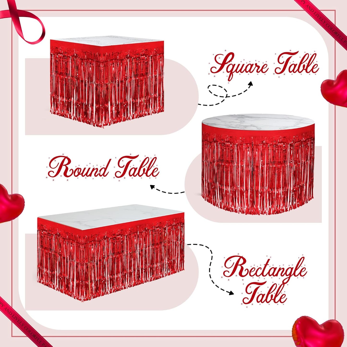 2 Pack Red Table Skirts, 29x108" Metallic Foil Tinsel Fringe Table Skirts for Rectangle Tables Streamer Curtains Backdrop, Party Decorations for Birthdays Weddings Holidays