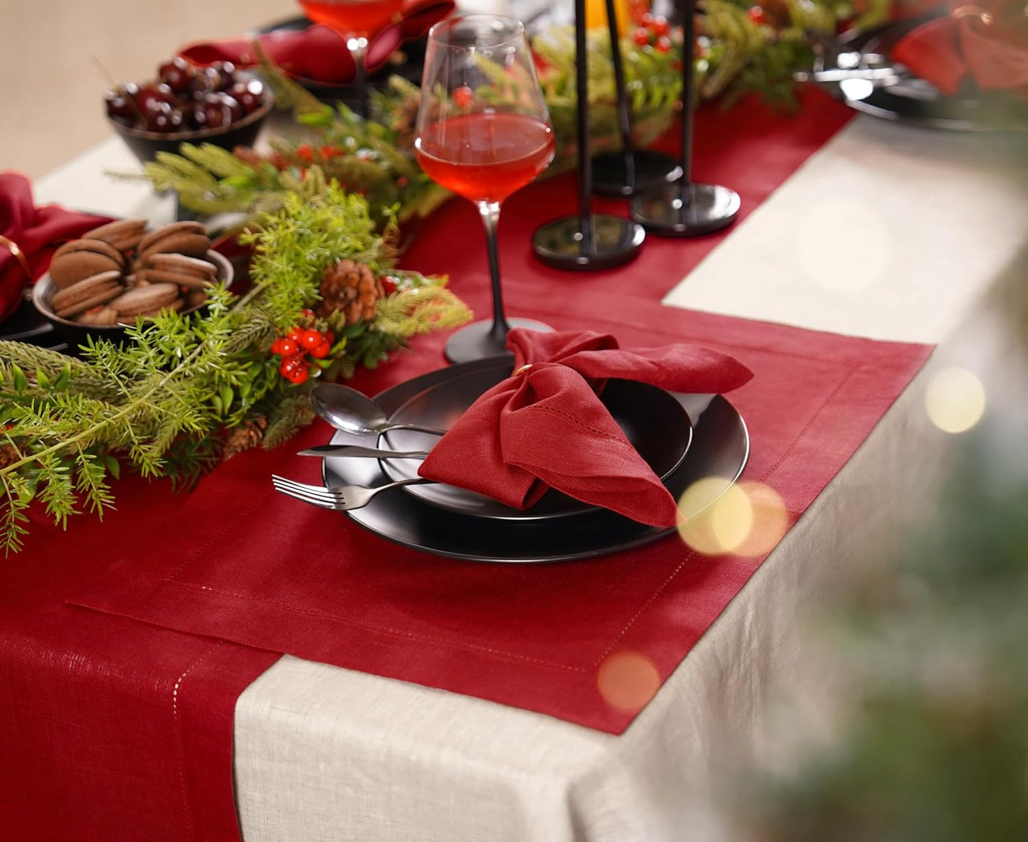 100% Pure Linen Red Placemats 14 x 19 Inch - Hemstitch Christmas Placemats Set of 4 – Elegant Cloth Fabric Table Mats for Winter, Thanksgiving & New Year Décor – Elara Collection