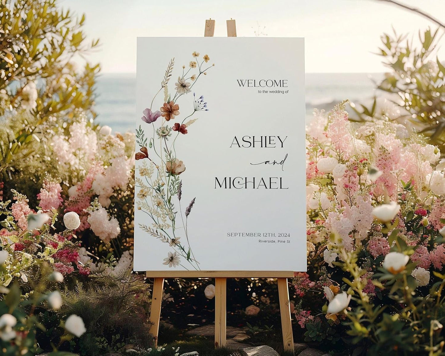 Welcome Wedding Sign Personalized, Wildflower Wedding Sign Decorations Signage 12" X 18" (Small), 27" (Medium), 36" (Large), Plastic, Modern, Pole Mount, Weather