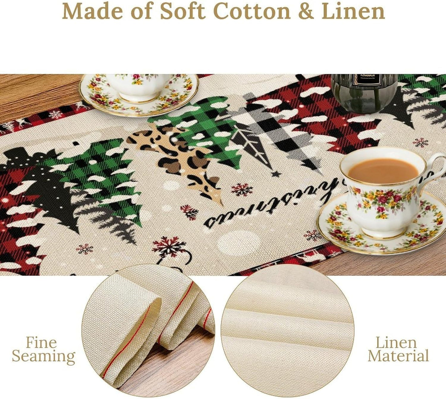 Christmas Tree Table Runner,Farmhouse Xmas Trees Buffalo Plaid Winter Snowflake Tablecloth Burlap for Hotel Indoors Outdoor Dining Room Kitchen Home Decor,W13X L36 in