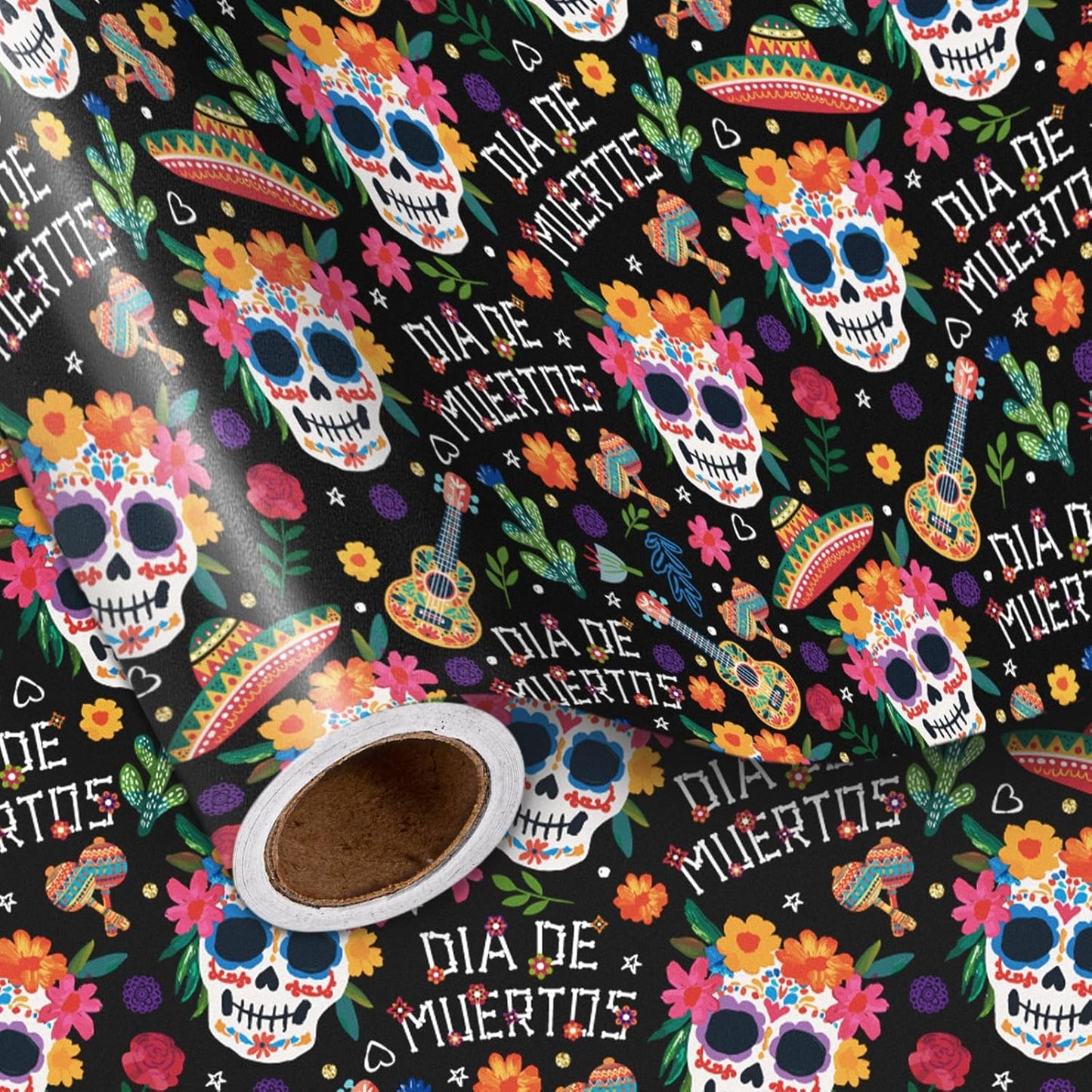 LeZakaa Day of the Dead Wrapping Paper Roll, Colorful Sugar Skulls Maracas Flowers Sombreros Design, Día de Muertos Gift Wrap in Black, Mini Roll 17 in x 16.4 Ft