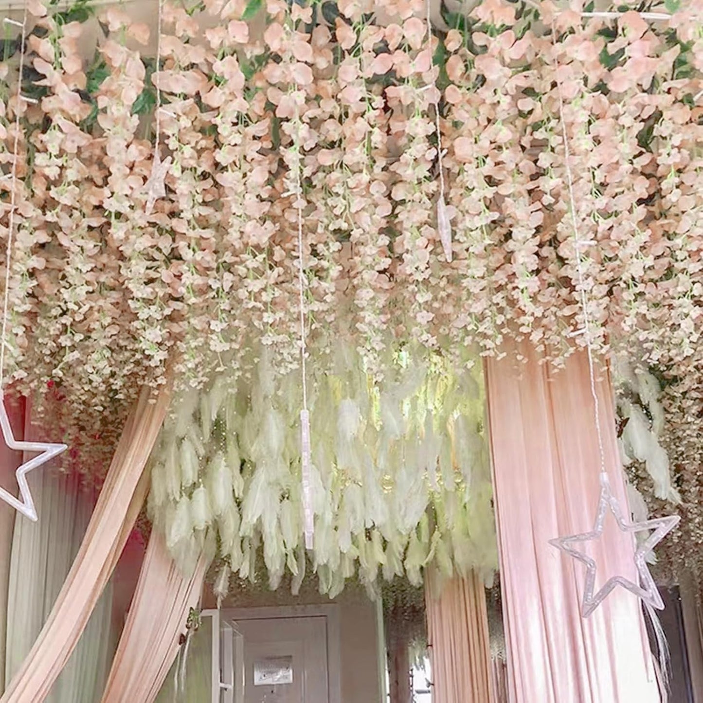 12 Pack Light Pink Wisteria Hanging Flowers Garland, 3.77 Feet Artificial Flower Vines, Fake Wisteria, Artificial Vines Hanging Garland for Backdrop Outdoor Yard Garden Decor