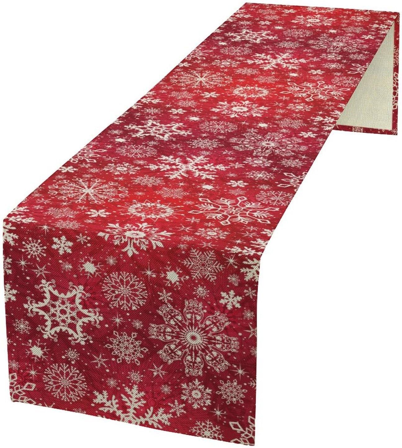 Snowflakes Christmas Table Runner, Winter Holiday Red Table Cloth Kitchen Dining Table Decoration for Home Party Decor 13x120 Inch