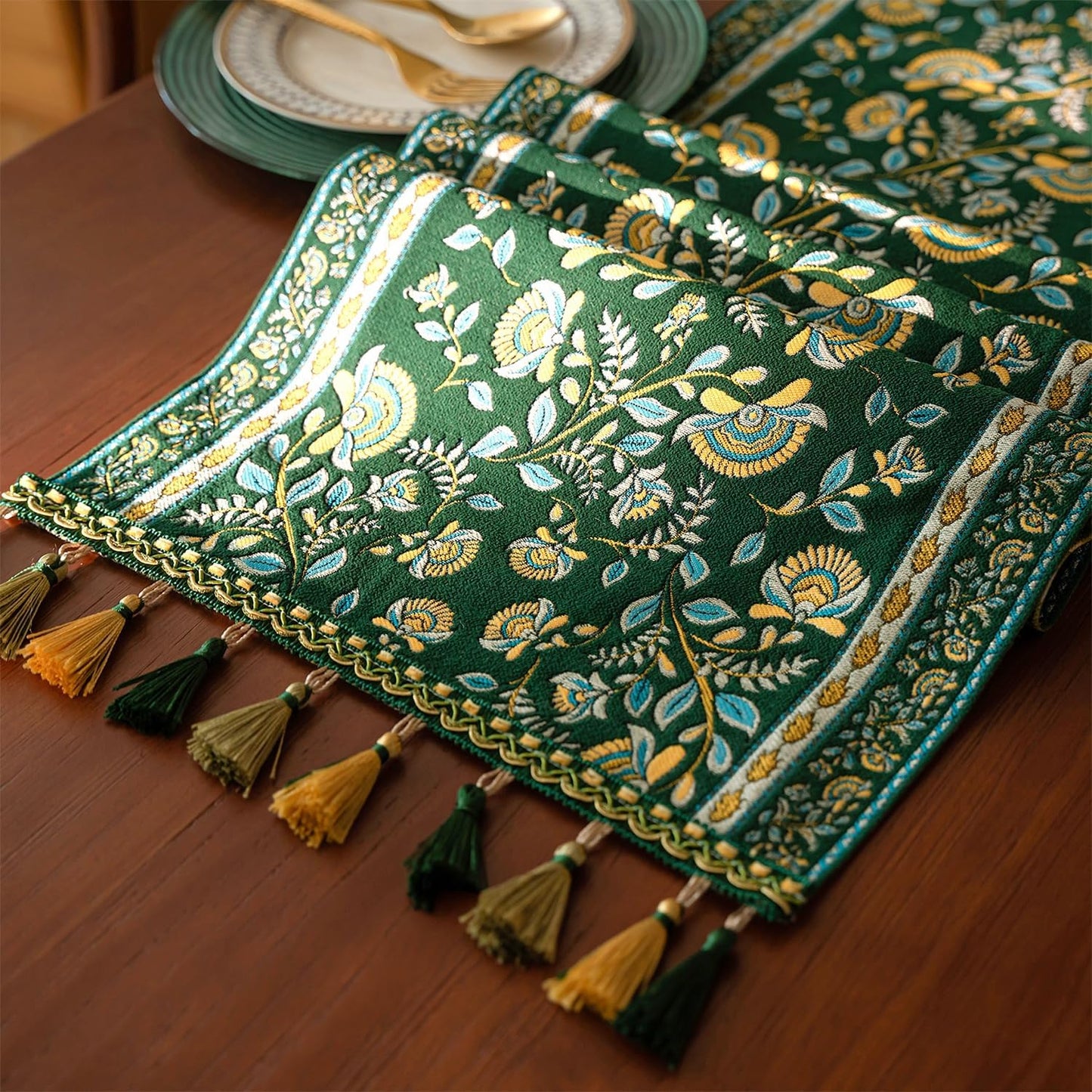 13×72 Inch Table Runner, Retro-Luxury Tassels Series for Kitchen Dining Table Holiday Decoration (Green Branch)
