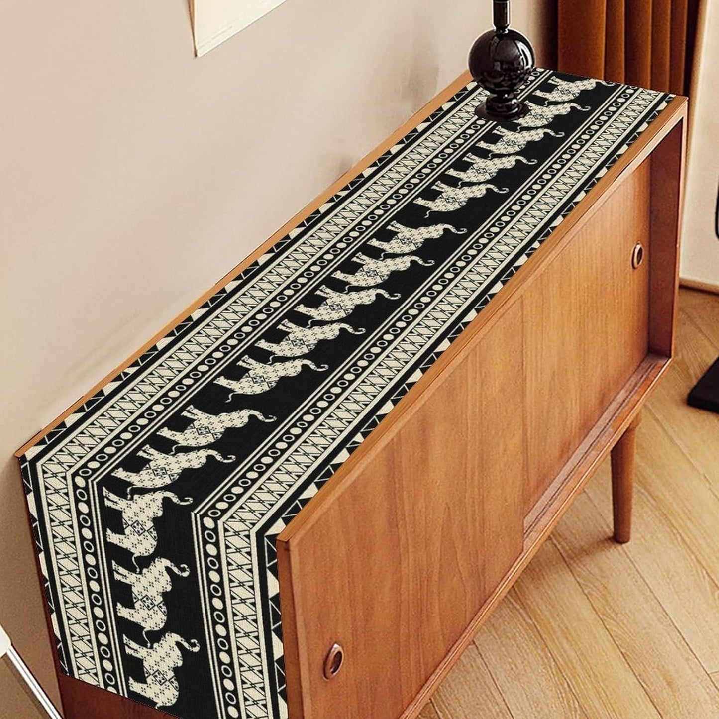 Ethnic Table Runner, Rustic Farmhouse Boho Geometric Elephant Aztec Tribal Print Black Table Center Decor for Home Kitchen Dining Patio Holiday Party Indoor Outdoor Table Decorations, 13"x108" Inch